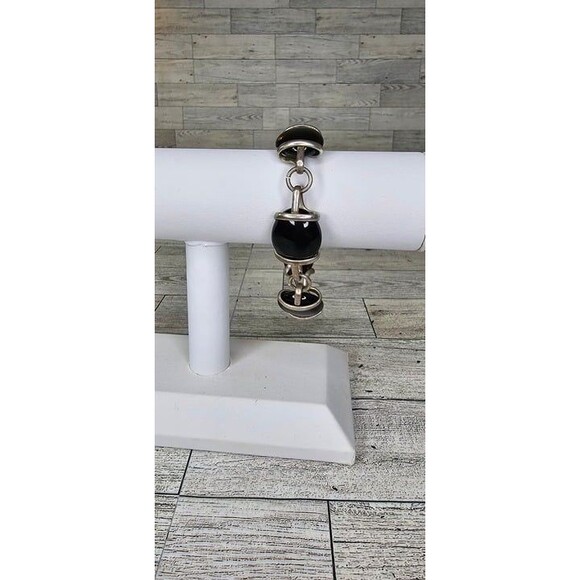 Handmade Silver Tone Square Onyx Black Art Glass Reversible Link Bracelet - Picture 2 of 5